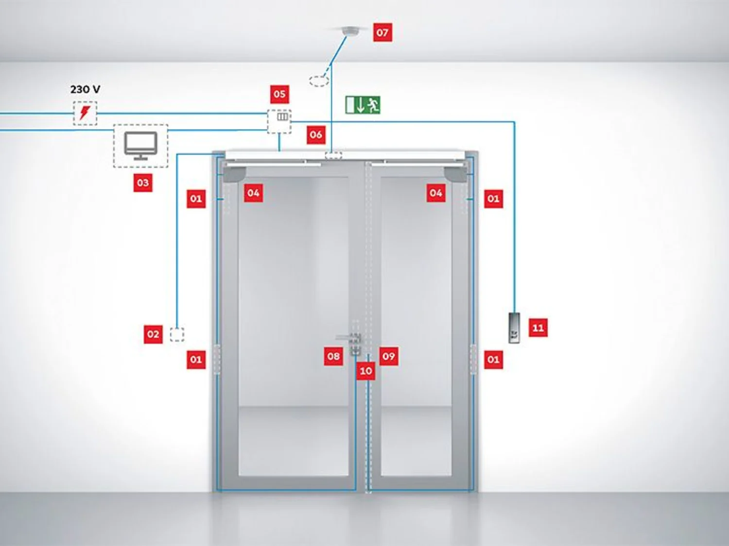 Double-leaf door with integrated smoke-detector